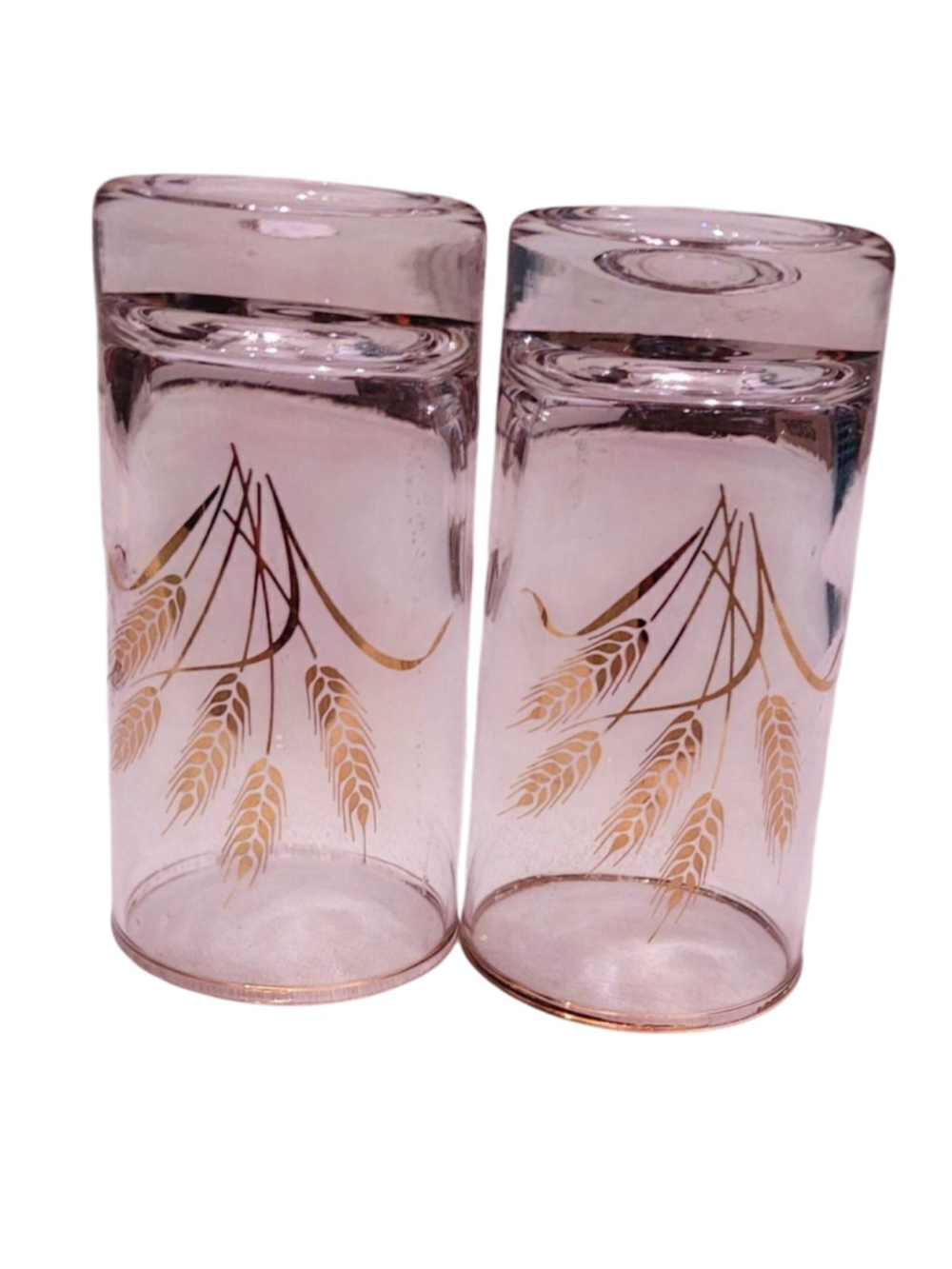Pair Homer Laughlin Wheat Juice Glasses 4 Oz Gold trim & Wheat Clear Glass 4" H - Picture 5 of 5